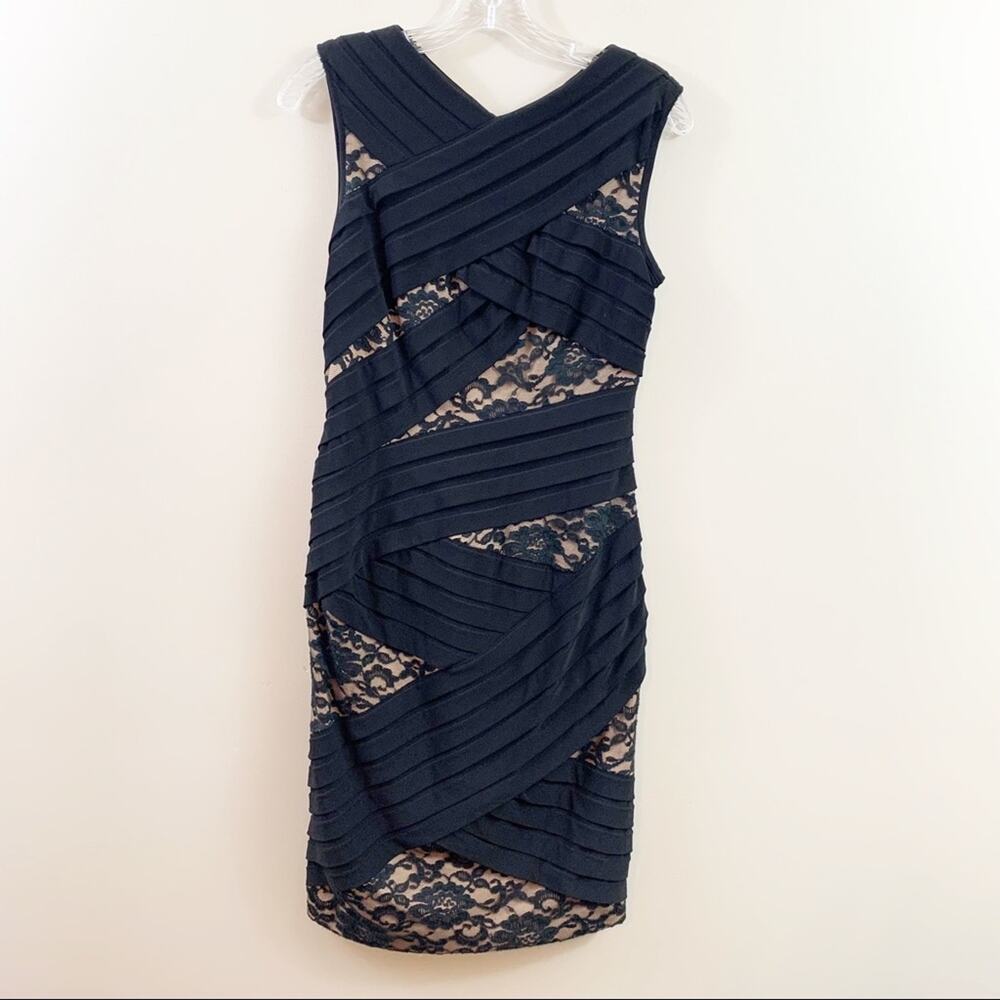 Adrianna Papell Black Pleated/Lace Overlay Sheath Pencil Sleeveless Dress